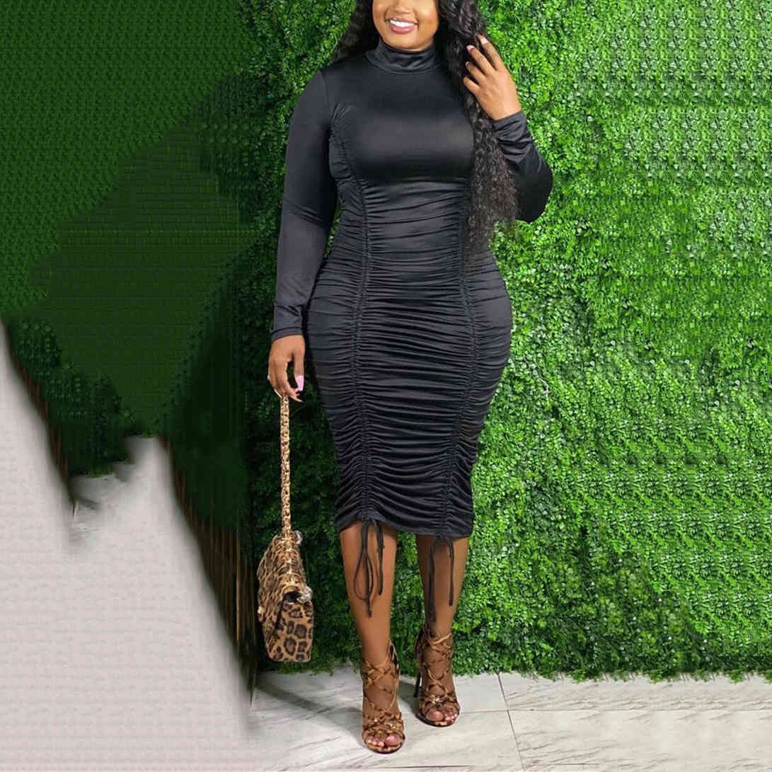 Plus Size Dresses For Women 4xl Sexy Bodycon Full Sleeve Drawstring Solid Elegant Evening Party Night Clothes Midi 210510