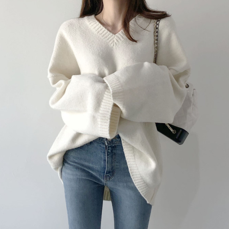 Spring Autumn Ladies Jumper Loose Korean Women Long Sleeve Sweater Fashion Elegant V-neck Knitted Pullover Tops 210513