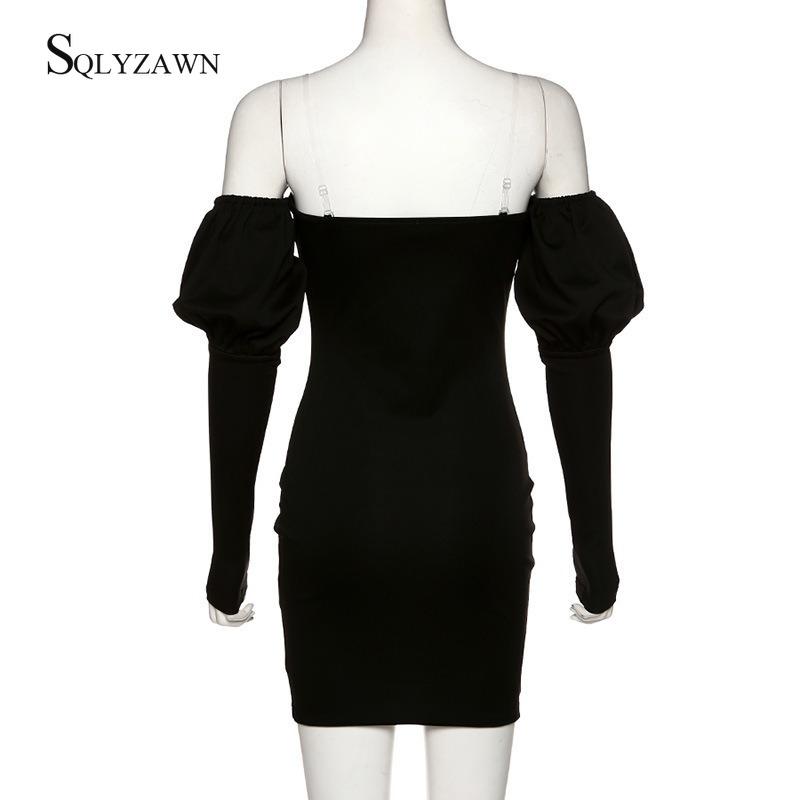 Sexy Off Shoulder Black Long Sleeve Bodycon Dress Female Fall Backless Lantern Short Vestidos Elegant Party Casual Dresses