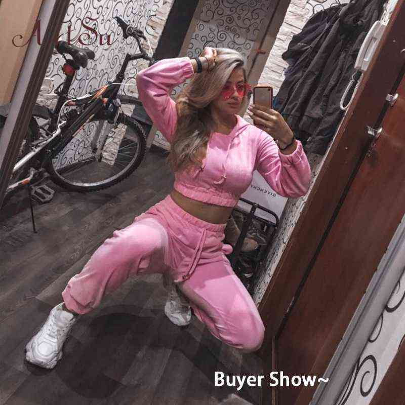 Artsu Flannel 2 Two Piece Set Sport Suit Pink Fleece Crop Top Hoodies Sweat Pants Women Matching Sets Clothing Outfit Sportswear 211105