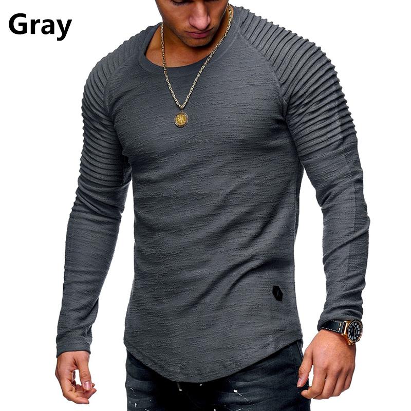 Solid Color Pleated Shirts Patch Long Sleeve Blouse T-Shirt Men Spring Casual Tops Pullovers Fashion Slim Basic Men's T-Shirts