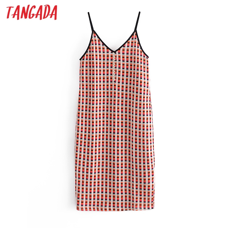 Summer Women French Style Plaid Knit Strap Ladies Midi Dress Vestidos 3H178 210416