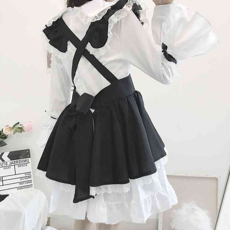 Sweet Black and White Lolita Dress Women Maid Costume Gothic Party Flare Sleeve es Japanese Style Vestido 13646 210427