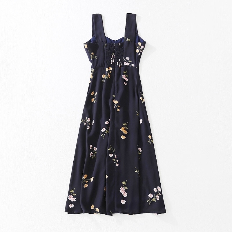 Vintage France Style Navy Floral Print Strap Ruffles Hem Midi Dress Retro Sexy Women Slit Elastic Slim Sling Tea 210429