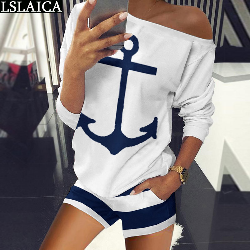 women sets short sleeve off the shoulder tops&short pants causal 2 piece anchor printing elegant two 210520