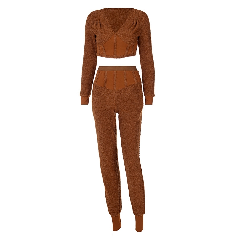 Europe and America spring deep V top trousers cashmere casual suit women's wear 210602