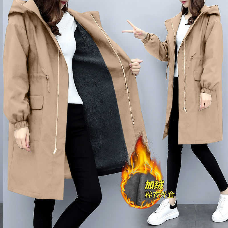 Trench Coats Women Autumn Winter Hooded Drawstring Pocket Zipper Long Outwear Plus Size Elegant Ladies Thicken Windbreaker 210526