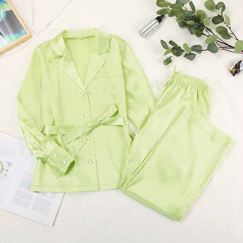 HECHAN Green Khaki Women Sleepwear With Sashes Loose Long Sleeve Pocket Satin Pajamas Female Pants Solid Nightgown Home Suit 210924