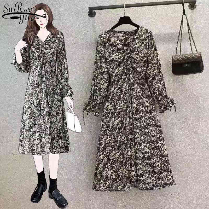 Spring Long Sleeve Chiffon Floral Dress Women Large Size 4XL Medium Length Loose Women's Femme Robe 12933 210427