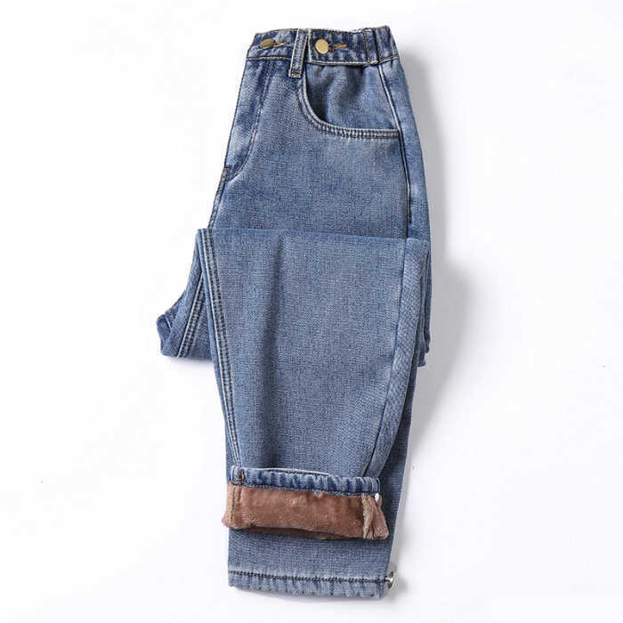 Woman High waist with elastic buttons Jeans Autumn Winter Velvet Thickening Harem Pants Loose Wide Leg Ankle Length Female 210922