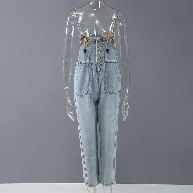 Fresh High Waist Bandage Denim Overalls for Women Loose Casual Stright Silm Belt Jeans Fashion All-match Pants Summer 210525
