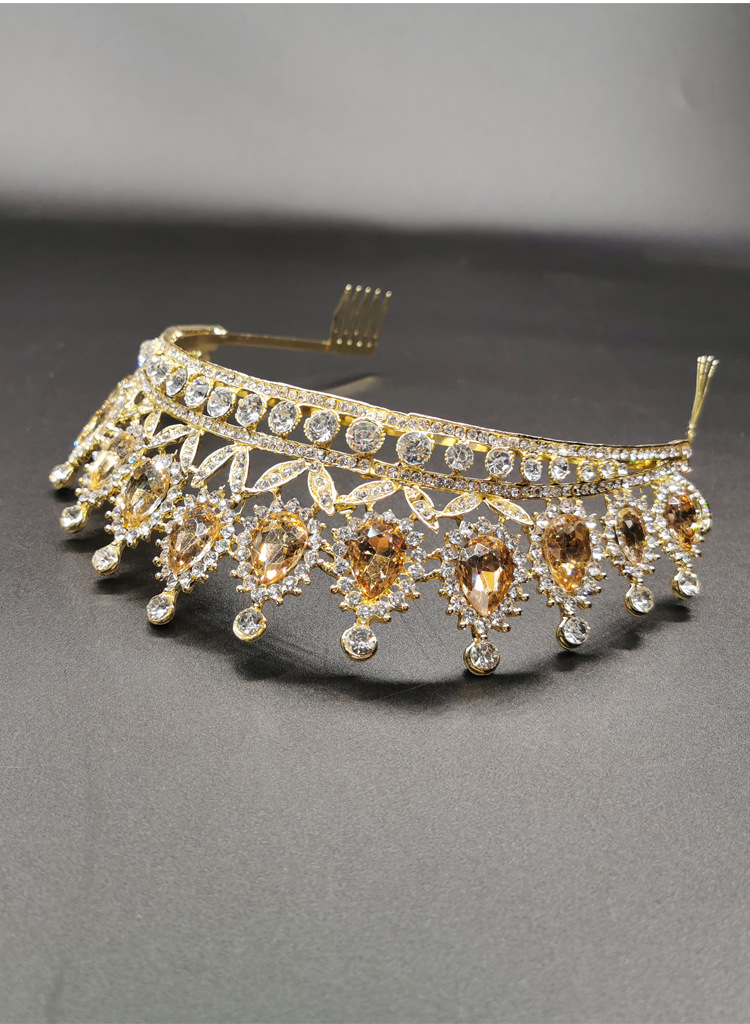 Shiny Crystals Bridal Headpieces Vintage Baroque Queen Champagne Rhinestone Gold Crown And Tiaras With Comb Wedding Hair Jewelry Accessories For Women