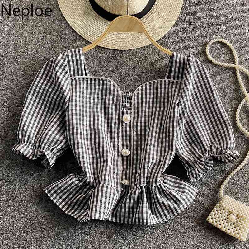 neploe summer shirts sweet chic crop tops square collar puff sleeve plaid blouses korean blouse pleated blusas mujer 210422