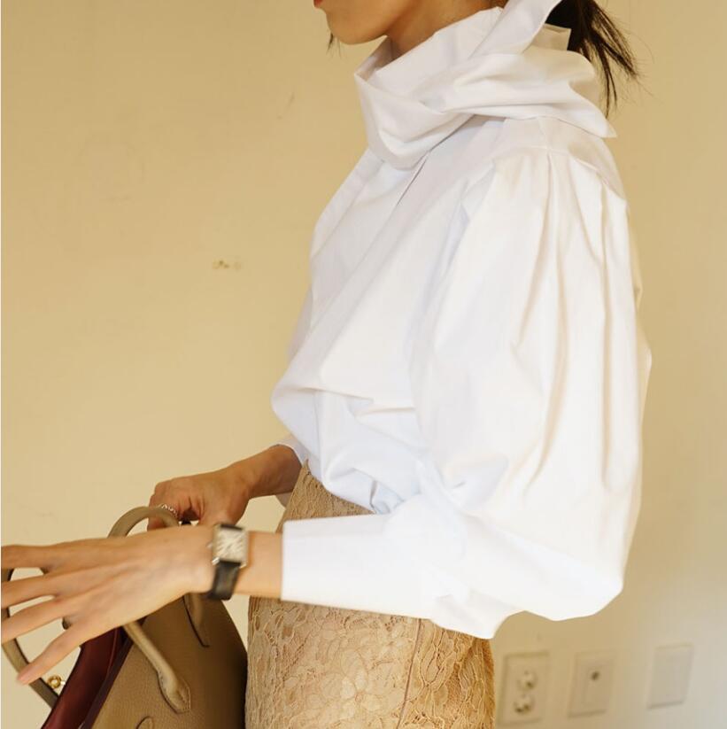OL Elegant Bow Collar White Shirt Women Spring Autumn Formal Work Wear Solid Blouses Loose Puff Sleeve Female Tops 210421