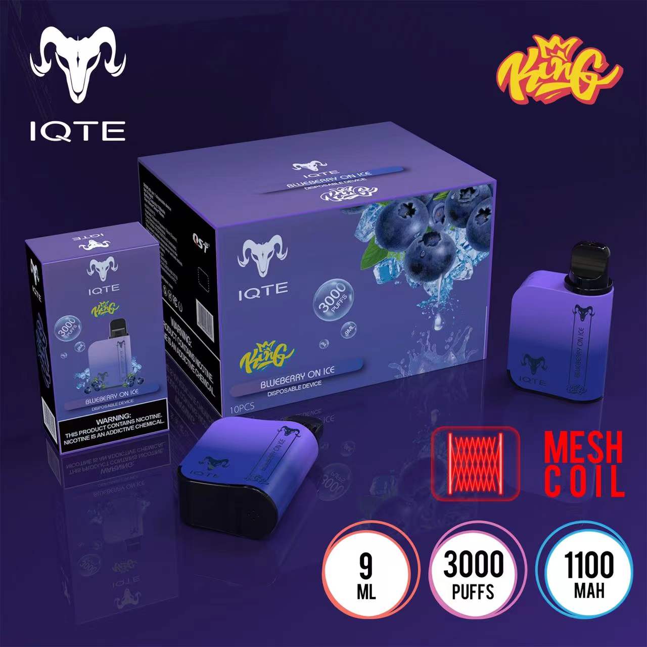 IQTE KING Disposable E cigarettes vape box 9ml mesh coil pod 1100mah battery 3000 puffs
IQTE KING Disposable E cigarettes vape box 9ml mesh coil pod 1100mah battery 3000 puffs