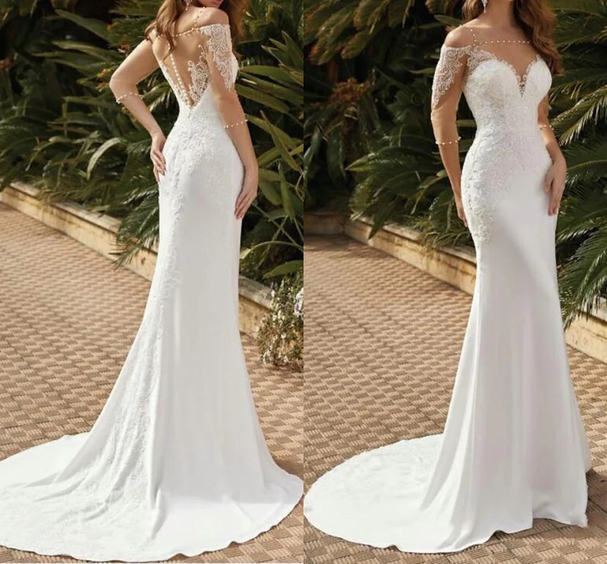Sexy See-Through Mermaid Wedding Dresses Square Pearls Sweep Train Lace Satin Tulle Half Sleeve Bridal Gown Vestidos De Novia Custom Made 2022
