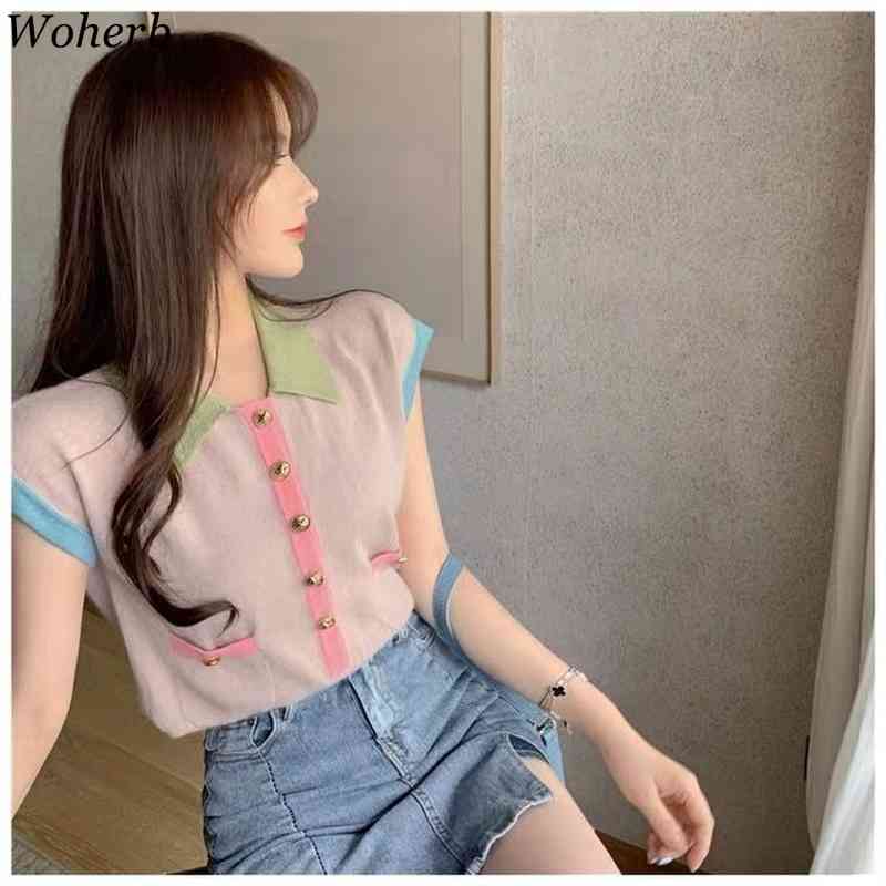 Summer Thin Tee Short-Sleeved Contrast Color Patchwork Knit Cardigan Chic All Match Tops Casual Gentle T-shirts 210519