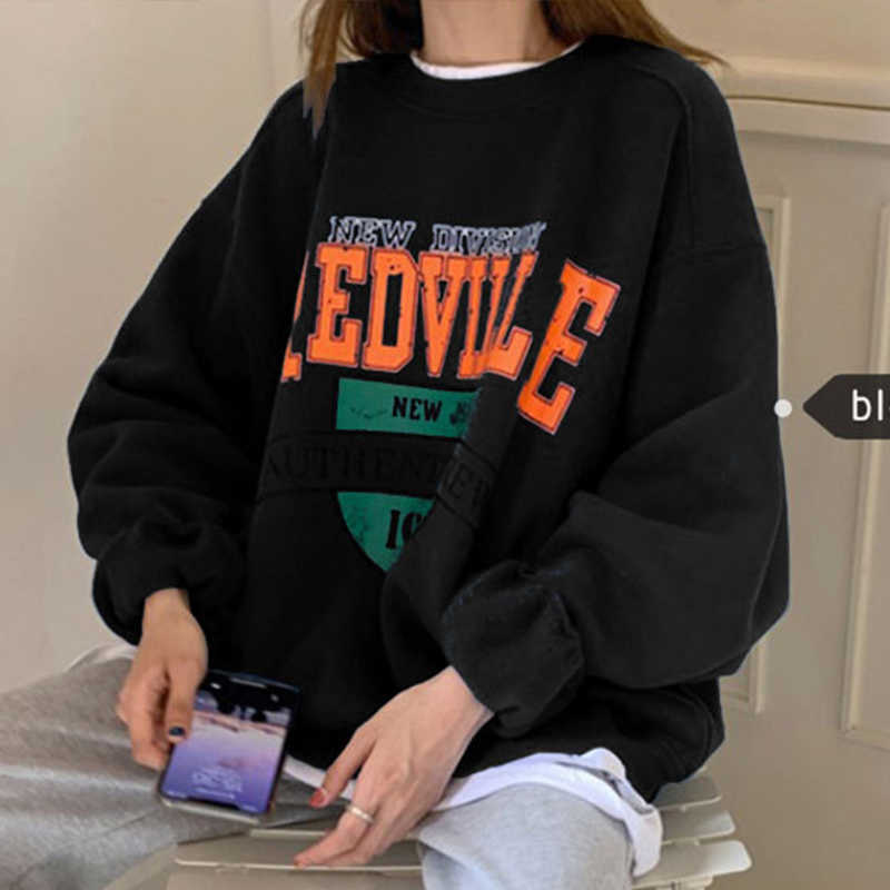 Women Fleece Letter Printed Pullover Sweatshirts Long Sleeve Casual Sports Lady Oversized Hoodie For Autumn Korean Fashion 210910