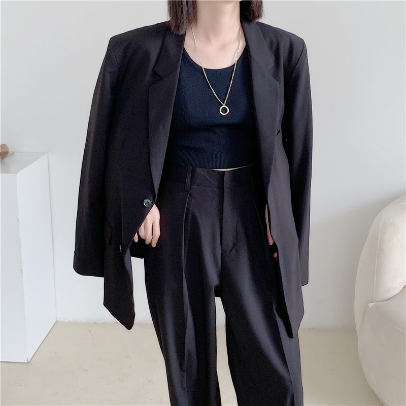 OL Elegant Office Lady Loose Women Blazers+Stylish High Waist Straight Solid Pants Suits All Match 2 Piece Sets 210421