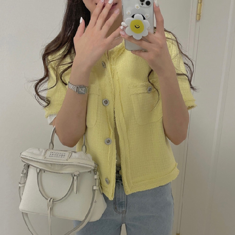 Women Jacket Summer Korean Chic French Retro Round Neck Raw Edge Design Single-Breasted Loose Short Pocket Coat 210514