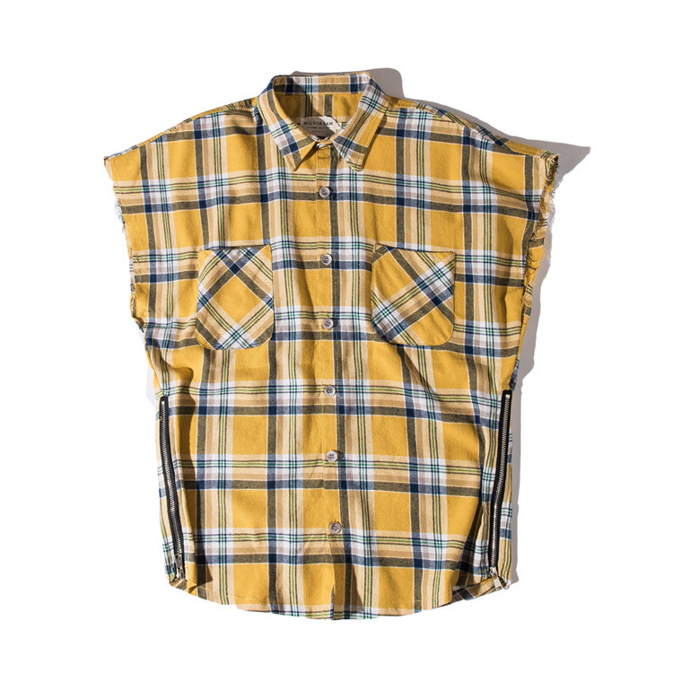 Fashion Brand Plaid shirt Men Hip hop sleeveless Shirts Mens side zipper shirtcamisa masculina swag Plus Size