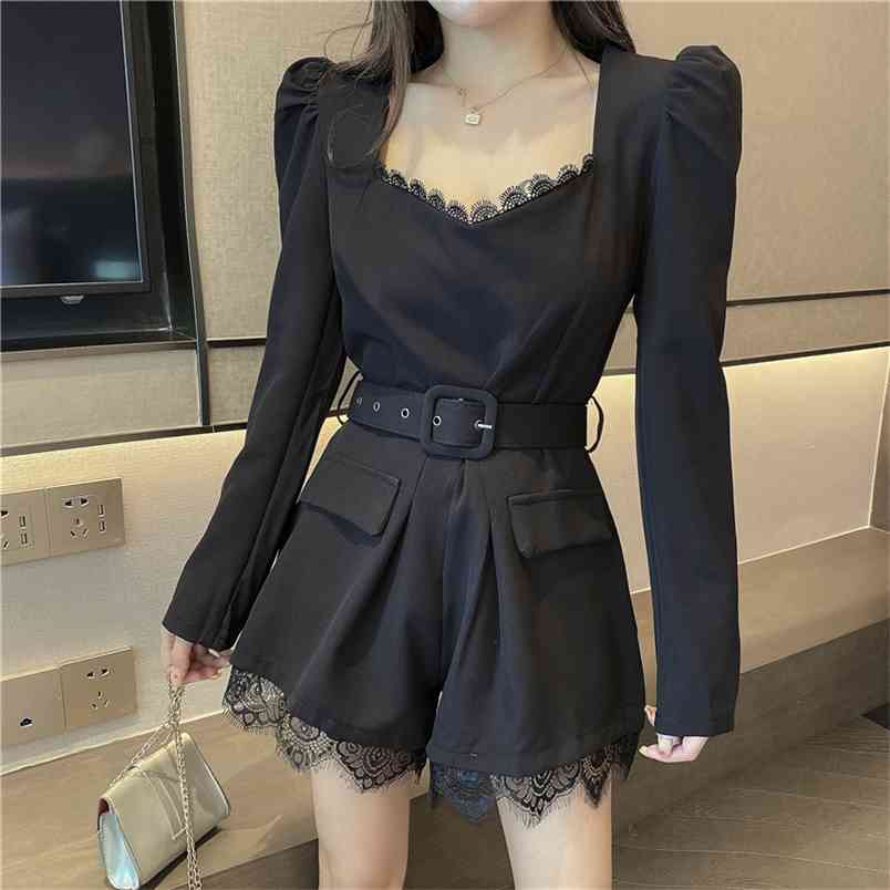 Summer Korean Women Elegant Solid Jumpsuit Lace Long Sleeve V Neck Office Lady Short Wide leg Bodysuit With Belt 210519
