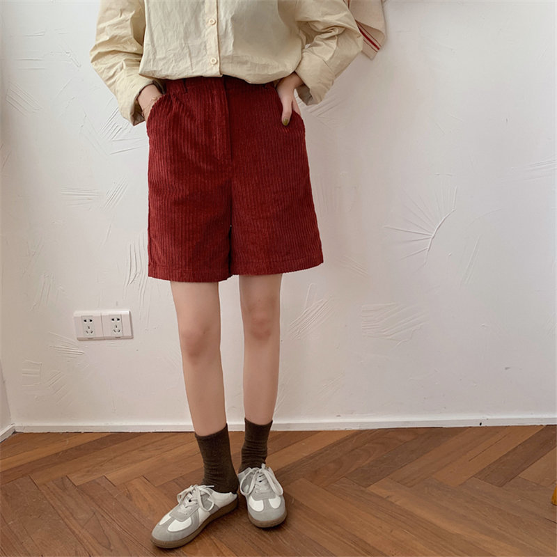 Red High Waist Corduroy Slender Casual Streetwear Chic Fashion Women All-Match Loose Simple Wide Leg Shorts 210421