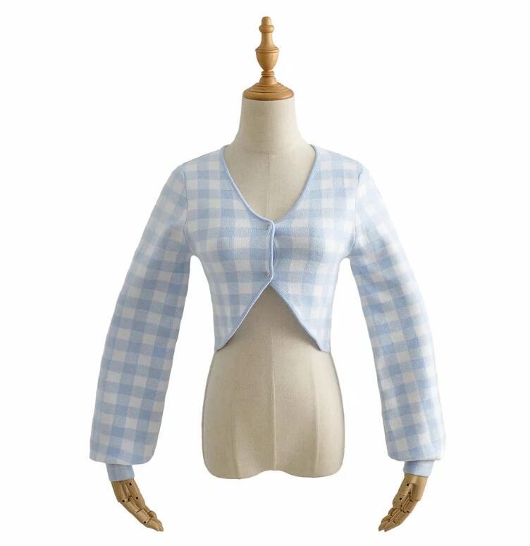 CHIC French Check Plaid Knitted Crop Cardigan Sweater Retro Woman V neck Long Lantern Sleeve Gingham Jumper Short Knitwear 210429