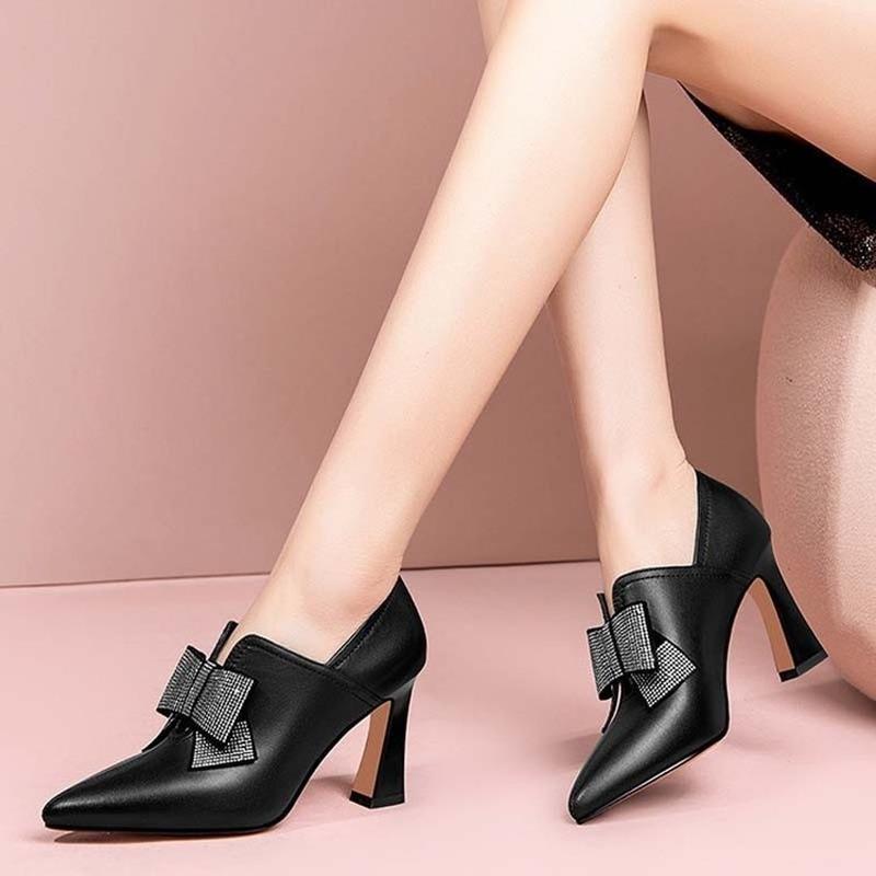 Dress Shoes Pointed High Heels Fall 2021 Deep Mouth Square Heel Rhinestone Bow Single Women Fashion All-match Trend Women's
