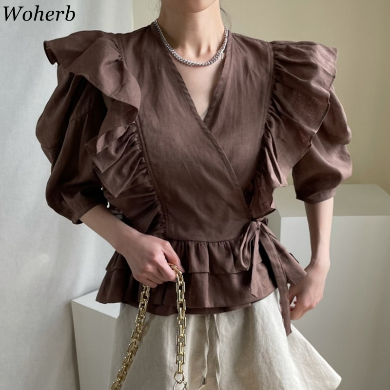 Women Blouse Vintage Temperament Blusas V-neck Ruffles Patchwork Fashion Shirts Lace-up Slim Waist Puff Short Sleeve Tops 210519