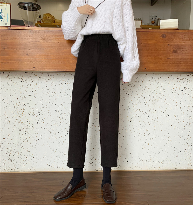 OL Retro Elastic High Waist Straight Harem Woolen Pants Women Autumn Winter Casual Warm Loose Grandma Trousers 210421