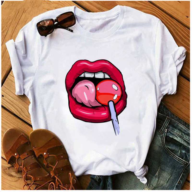 AOWOF Sexy Red Lips Cherry Fruit Woman Seductive Lipstick T-shirt Fashion Clothing Haruku Top Korean Style Female X0527