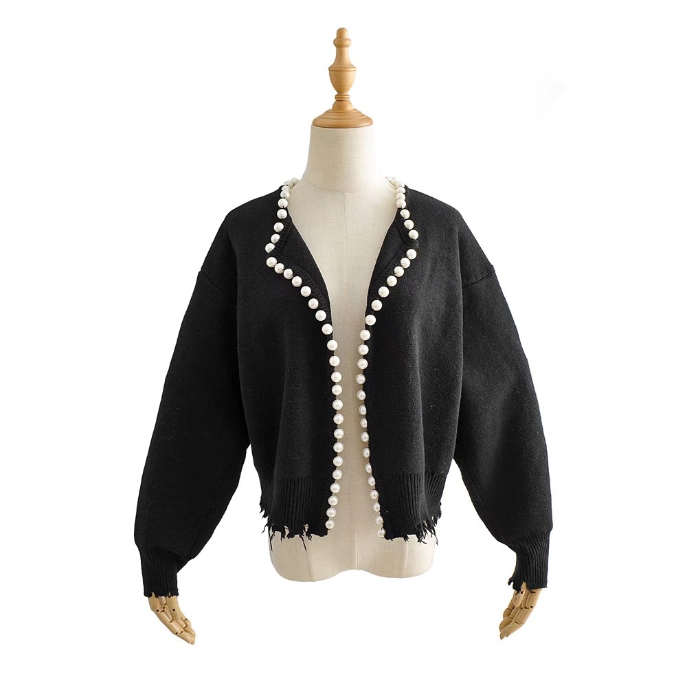 Vintage Oversized Round Collar Beading Pearl Cardigan Retro Long Sleeve Knitting Sweater Loose Jumper Cool girl Streetwear 210429