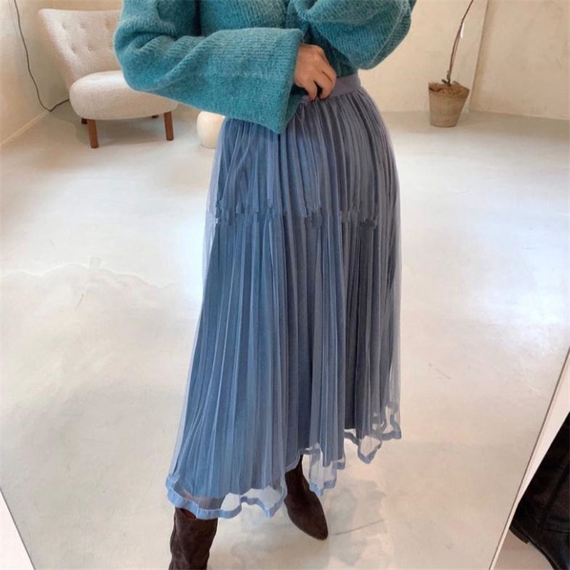 Chic Female OL Elastic-Waist Mesh Slim Regular Women High Waist Solid Elegant Fashion Feminine Long Skirts 210421