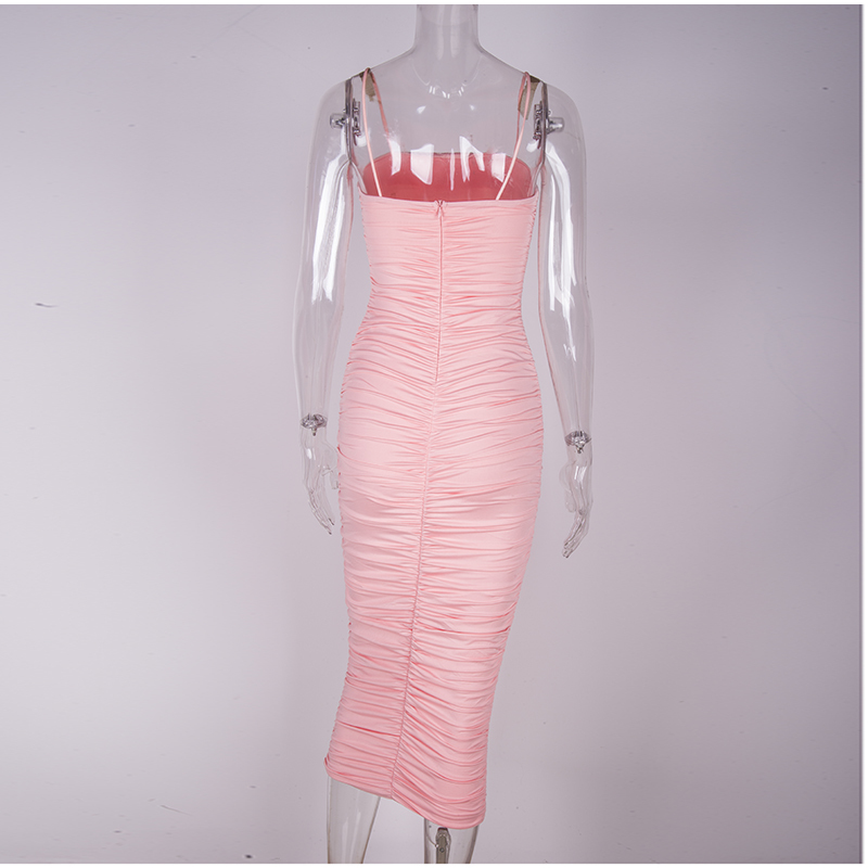 NewAsia Double Layers Sexy Summer Dress Pink Women Night Dresses Tight Long Party Bodycon Dress Ruched Midi Dress Vintage Robe 210409