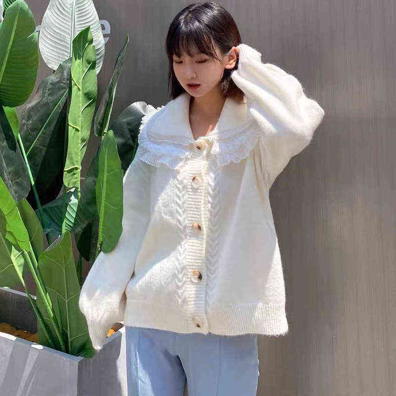 AZYT Autumn Winter Knit Female Cardigan Lace Turn Down Collar Sweater Womens jacket Loose Elegant Ladys Cardigan Pull Femme Top 211117