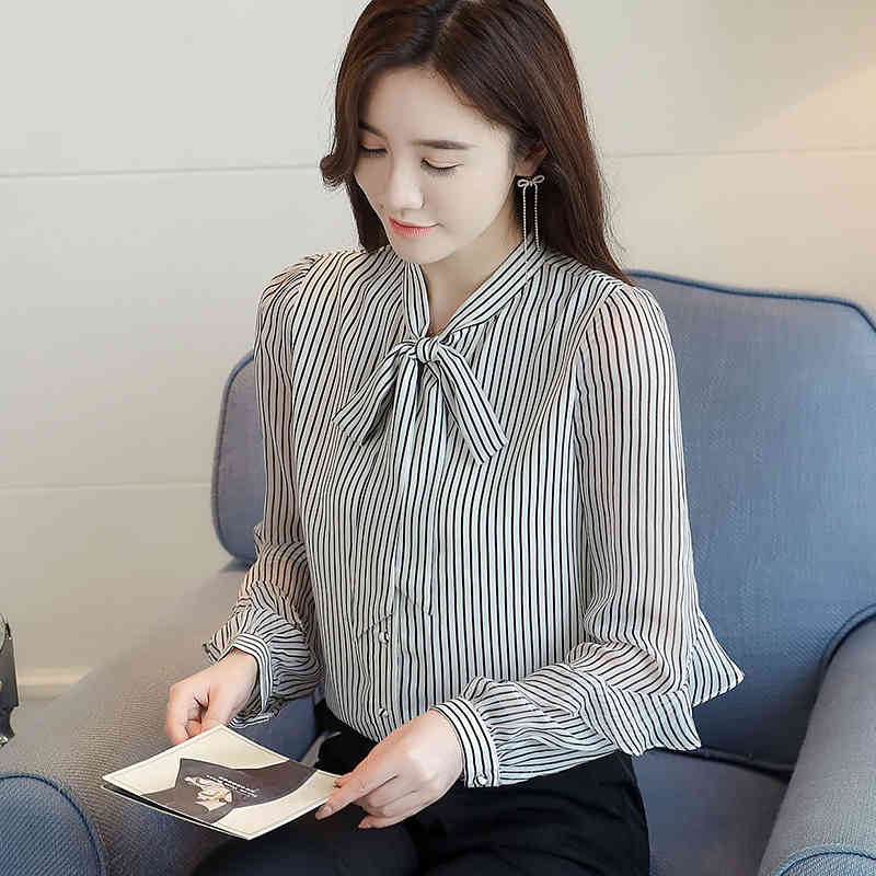 Vintage Blouse Women Female Loose Spring Long Sleeve striped Ruffled Bow Korean Chiffon Fashion Blouses Shirt 660A 210420