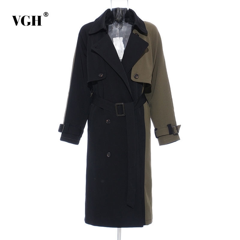 VGH Patchwork Hit Color Lapel Collar Trench Coats For Women Long Sleeve Double Breasted Windbreaker For Women Winter New 210421