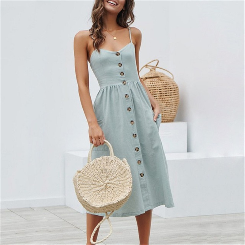 Elegant Button Sexy Dresses Women Straps V Neck Off Shoulder Backless Pocket Midi Vintage Lady Beach Summer Vestidos 210522