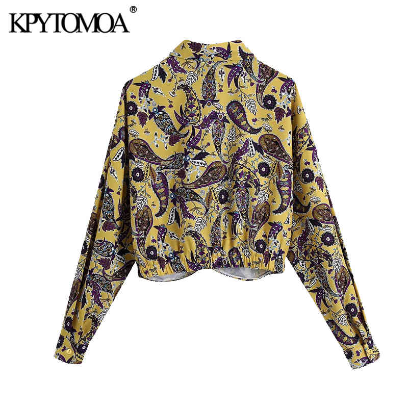 Women Fashion Paisley Print Cropped Knotted Blouses Long Sleeve Button-up Female Shirts Blusas Chic Tops 210420