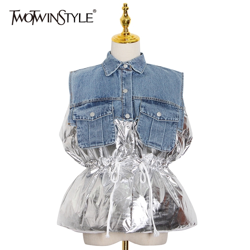 TWOTWINSTYLE Drawstring Patchwork Denim Vest For Women Lapel Sleeveless Casual Loose Cotton Coat Female Winter Fashion 211120