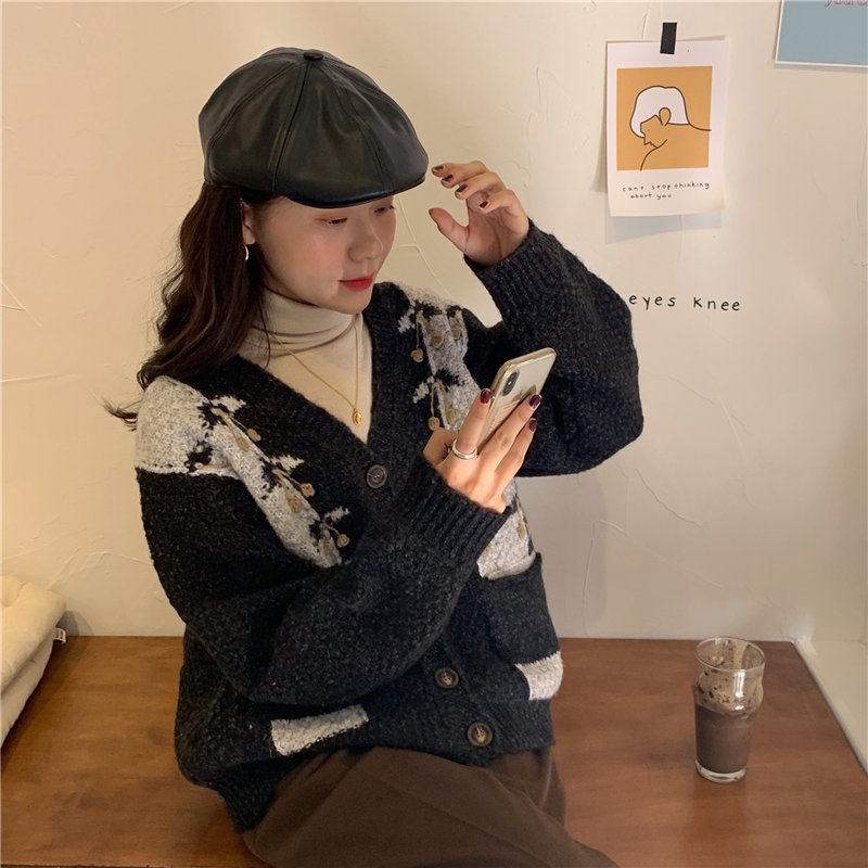 Women Feminine Vintage Office Lady Retro Oversize Warm Loose Knitted V-neck All-Match Slim Cardigans Sweaters 210421