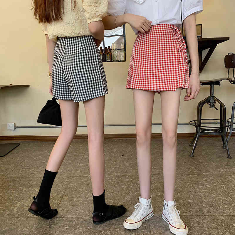 High Waist Lace Up Red Irregular Plaid Skirt Women Fashion Japan Style Chic Summer Wild Student Casual Shorts Faldas Mujer 210429