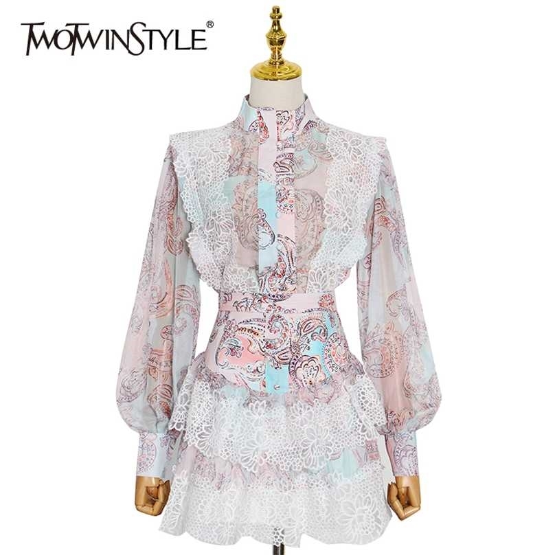 TWOTYLE Sweet Patchwork Lace Set For Women Stand Collar Long Sleeve Shirt High Waist Skirt Print Sets Female Fashion 211106, Aspicture
TWOTYLE Sweet Patchwork Lace Set For Women Stand Collar Long Sleeve Shirt High Waist Skirt Print Sets Female Fashion 211106, Aspicture