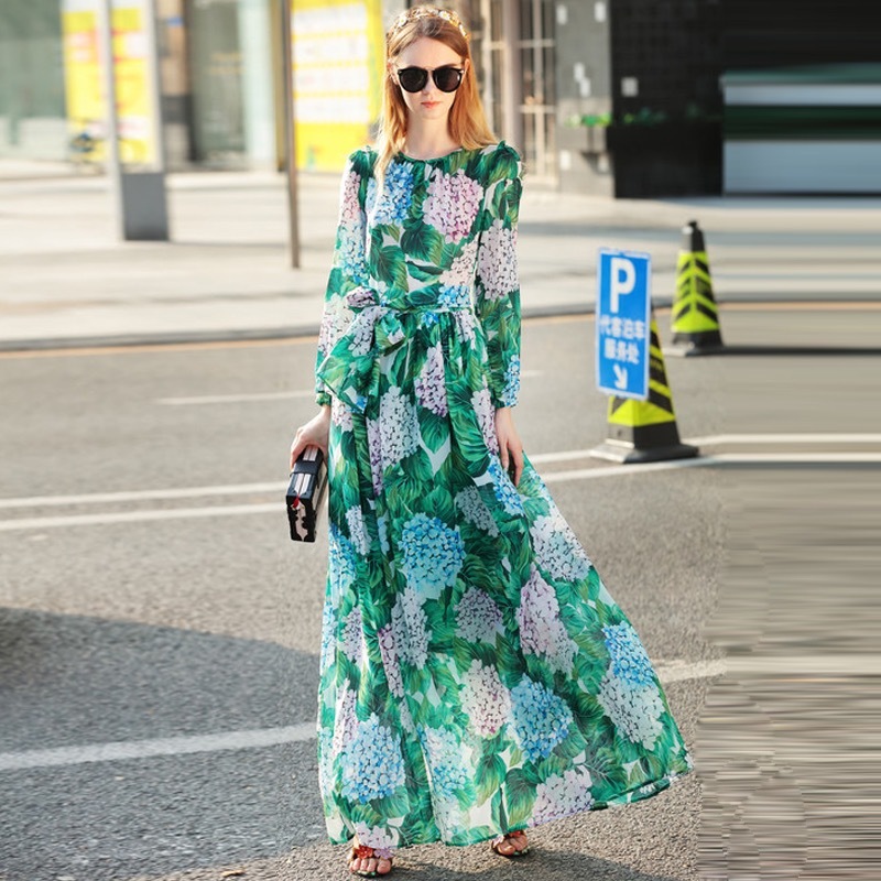Spring Runway Maxi Dress Women's Long Sleeve Casual Bohemian Party Holiday Green Leaves Floral Printed 210421