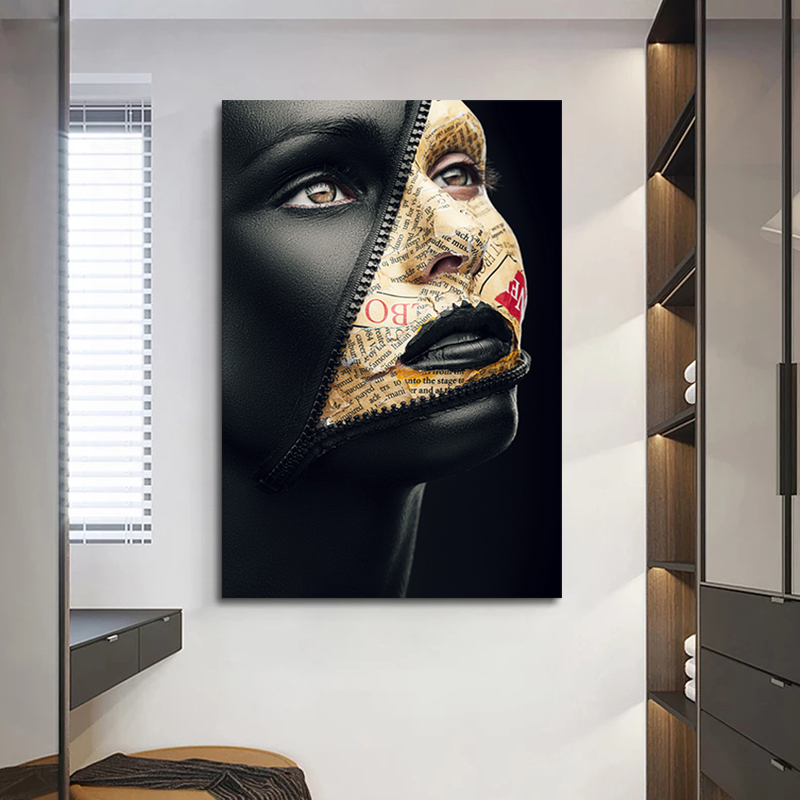 Black Woman Abstract Art Posters and Prints Zipper On Face Surrealistic Canvas Painting Modern Wall Art Pictures for Home Design