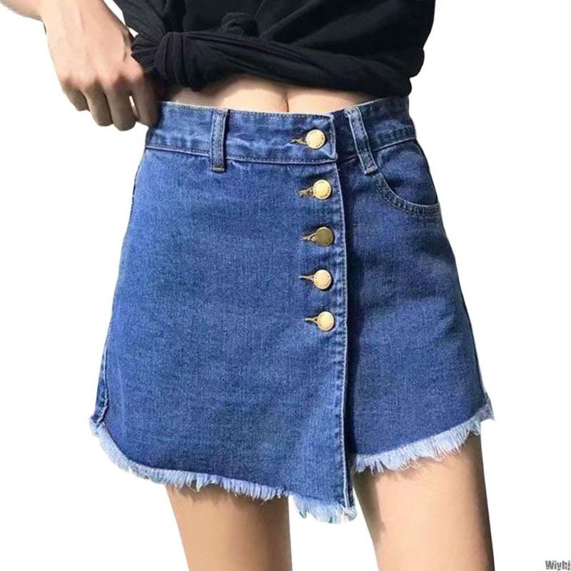 Women's Irregular Button Denim Shorts High Waist Slim Solid Color Pocket Jeans Skirt Summer Fashion Casual