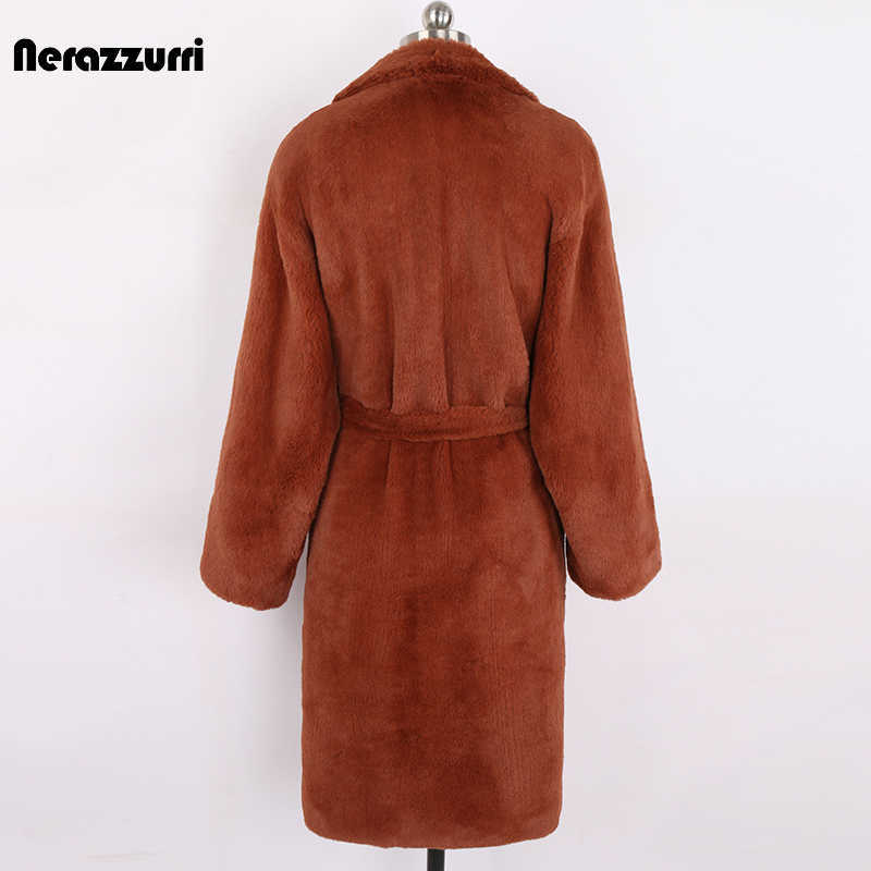 Nerazzurri Autumn Long Oversized Brown Soft Light Faux Fur Coat Women Long Sleeve Belt Casual Korean Fashion without Buttons 211019