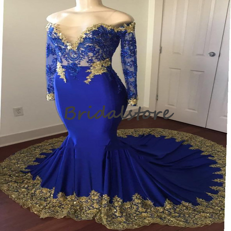 Elegant Royal Blue Mermaid Prom Dresses 2022 With Gold Lace Off The Shoulder Long Sleeve Plus Size Evening Dress With Sweep Train Vintage Robes De Soi