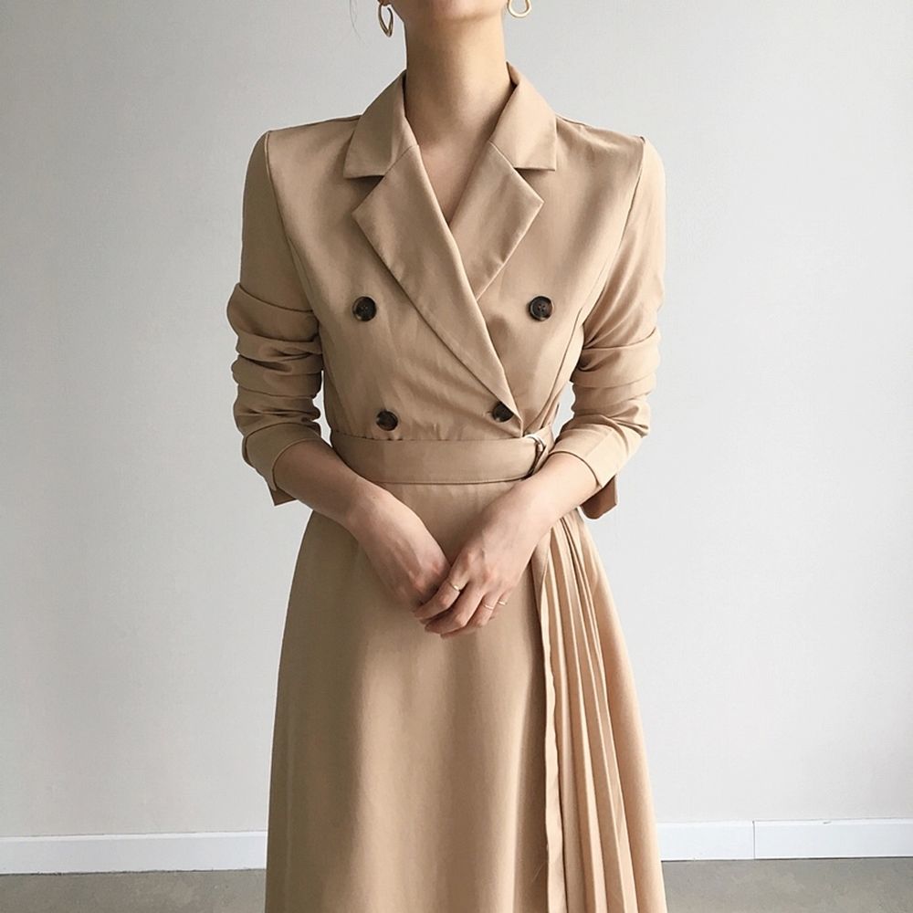 Office Lady Minimalist Autumn Dress Women Long Sleeve Double-breasted Suit Collar Fashion Solid Dresses 210421